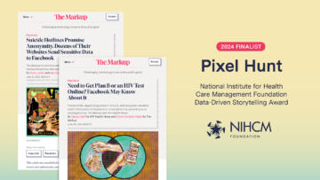 Digital graphic of two screenshots of stories from the Pixel Hunt series, layered on top of each other; to the right is the text "2024 Finalist Pixel Hunt” with the award name and NIHCM logo underneath it
