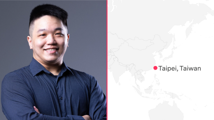 Side-by-side collage of a headshot of Aaron Shi and a map pointing to Taipei, Taiwan