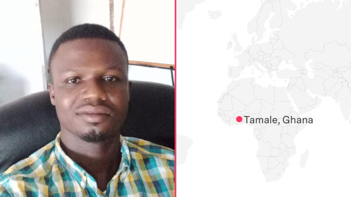 Side-by-side collage of a headshot of Peter Amoabil and a map pointing to Tamale, Ghana