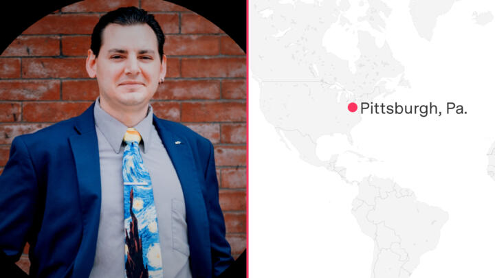 Side-by-side collage of a headshot of Vincent Scotto and a map showing the location of Pittsburgh, PA