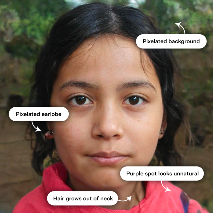 AI-generated image of a young girl. There are 4 annotations pointing out details in the image that indicate that it may be AI-generated. The indications point out the pixelated background, a pixelated earlobe, the purple spot on the girl's clothing looks unnatural, and that hair is growing out of her neck.