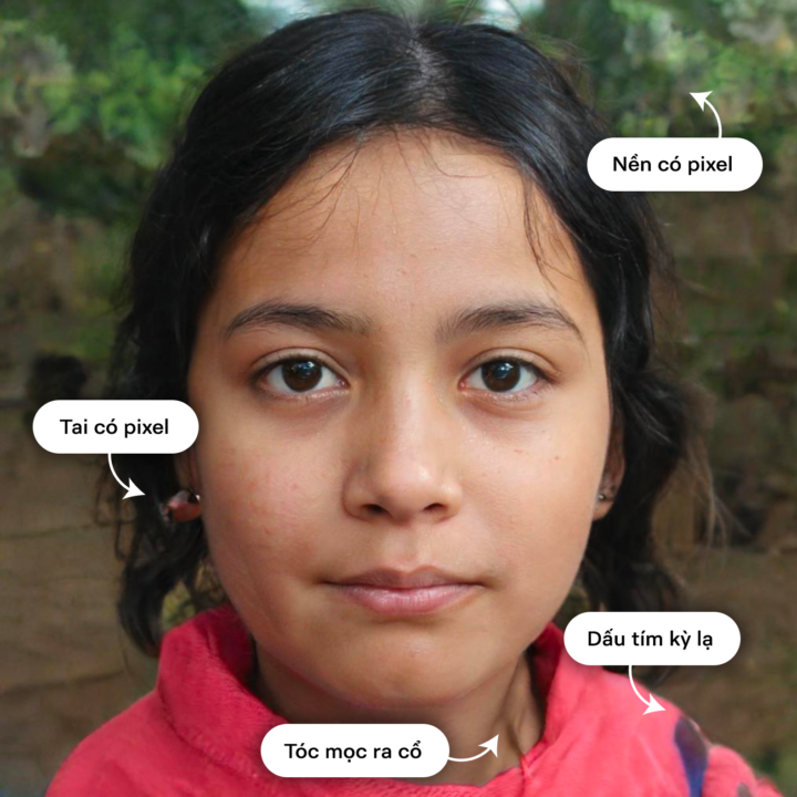 AI-generated image of a young girl. There are 4 annotations pointing out details in the image that indicate that it may be AI-generated. The indications point out the pixelated background, a pixelated earlobe, the purple spot on the girl's clothing looks unnatural, and that hair is growing out of her neck. The annotations are written in Vietnamese as Tai có pixel, Dấu tím kỳ lạ, Nền có pixel, Tóc mọc ra cổ