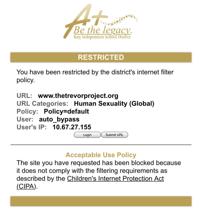 Screenshot of a message about the district’s internet filter blocking www.thetrevorproject.org