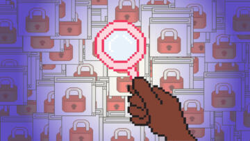 Illustration of a pixelated hand holding a magnifying glass, set against a background of overlapping browser windows displaying a lock