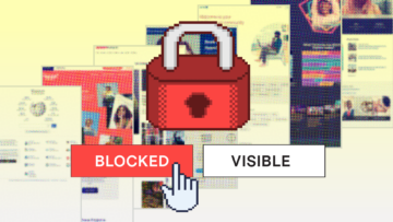 Illustration of a pixelated lock over two buttons labeled "BLOCK" and "VISIBLE," set over a background of cascading screenshots of websites