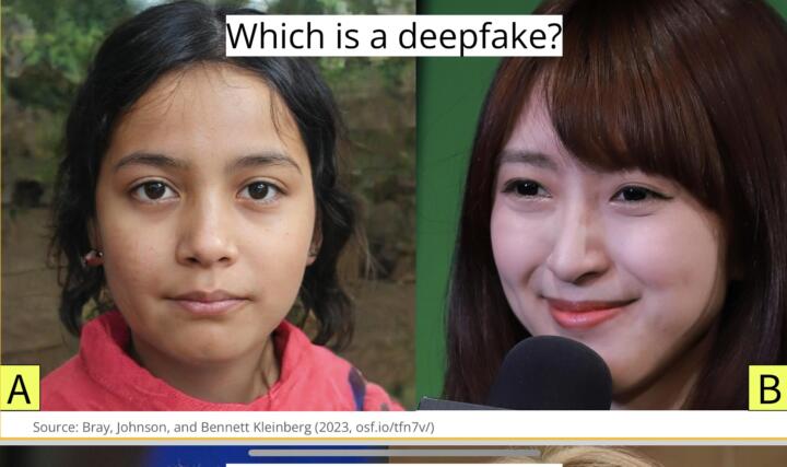 Slide of two images of an Asian woman, with the text, “Which is a deepfake?”