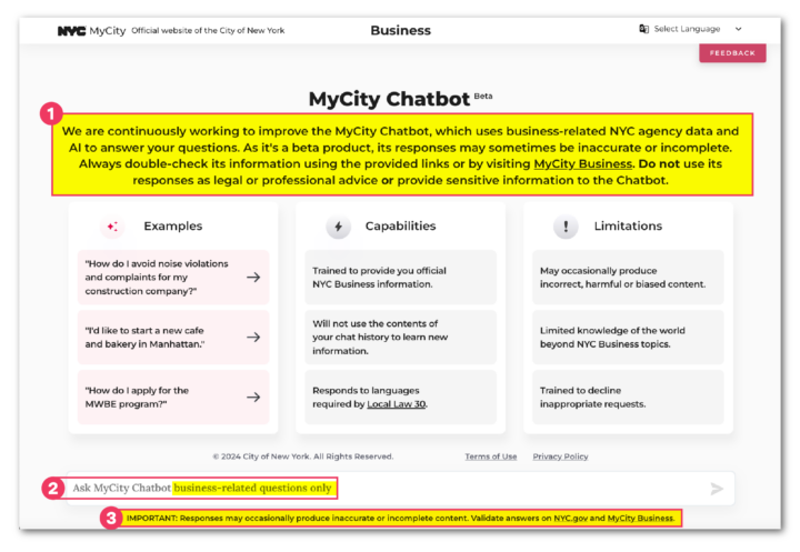 Annotated screenshots showing changes made to the MyCity Chatbot homepage since The Markup’s investigation