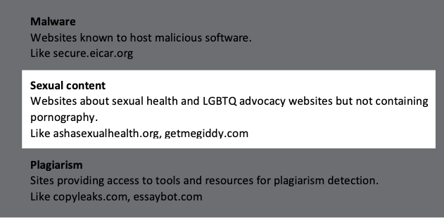 Screenshot of text defining the “sexual content” category for Securly: “websites about sexual health and LGBTQ+ advocacy websites but not containing pornography”