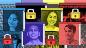 Illustration of four pictures of students in overlapping browser windows; multiple browser windows in the background show a pixelated lock over an abstract halftone background