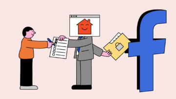 Illustration of a person signing an application form while another, with a browser for a head, holds the form; the browser-person is secretly passing a folder to a Facebook logo-shaped opening behind their back