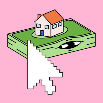 Spot illustration of a pixelated cursor hovering over a stack of cash with a house on top; eyes peeking from within the cash stack
