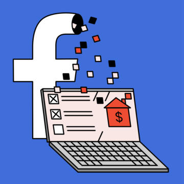 Spot illustration of the Facebook logo behind a laptop displaying a mortgage application; the hole at the top of the logo is sucking pixels from the laptop