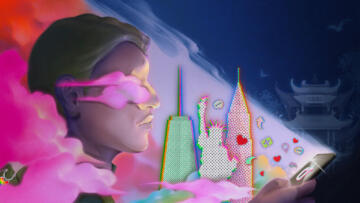 Illustration of the side profile of a Chinese man holding a phone displaying the Douyin logo; within his line of sight there are icons and images of the New York skyline; in the background there is a Chinese-style tower