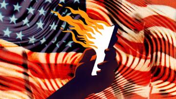 Photo illustration of a hand holding a phone emitting flames from its screen with a distorted American flag in the background