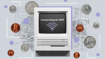 Illustration of an early computer monitor displaying the text "Connecting to WIFI" set against a background of a map with scattered abstract shapes and US coins