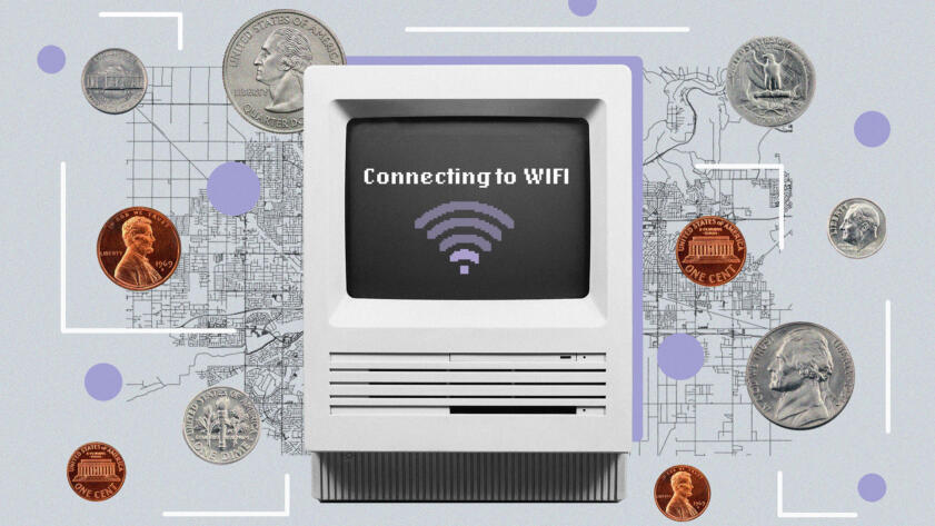 Illustration of an early computer monitor displaying the text "Connecting to WIFI" set against a background of a map with scattered abstract shapes and US coins