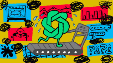 Illustration of the ChatGPT logo running and sweating on a treadmill; the background shows a bunch of squiggles and vignettes of data points, chat bubbles, a baby in a pot and a gerbil in the oven