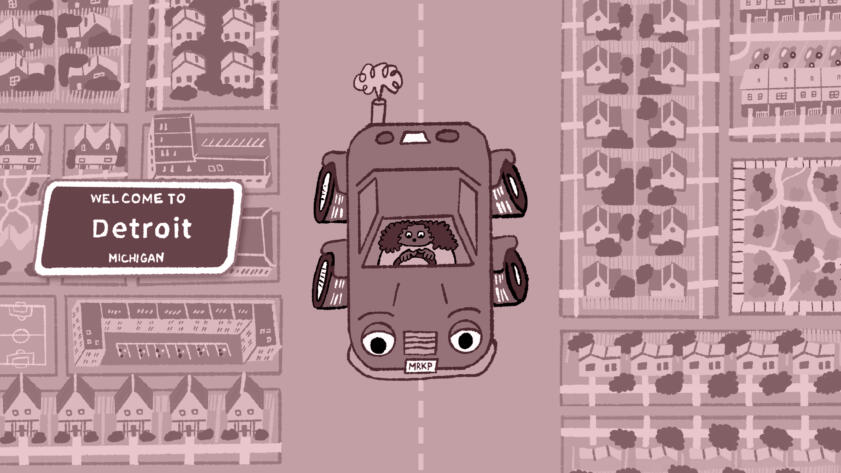 Illustration of a Black woman driving a car whose headlights are eyes, situated in the middle of the road surrounded by houses; there is a “Welcome to Detroit, Michigan” sign to the left of the car