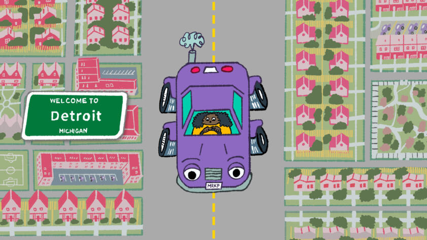 Illustration of a Black woman driving a car whose headlights are eyes, situated in the middle of the road surrounded by houses; there is a “Welcome to Detroit, Michigan” sign to the left of the car