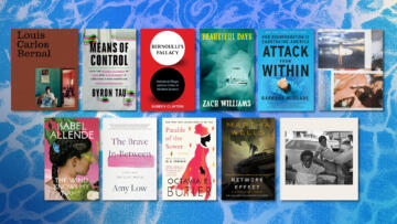 Photo illustration of the book covers from the summer reading list, set against a pool backdrop