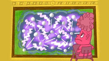 Illustration of a chalkboard obscured by a purple cloud of abstract shapes, including a network of circles; a student is in the foreground looking confused