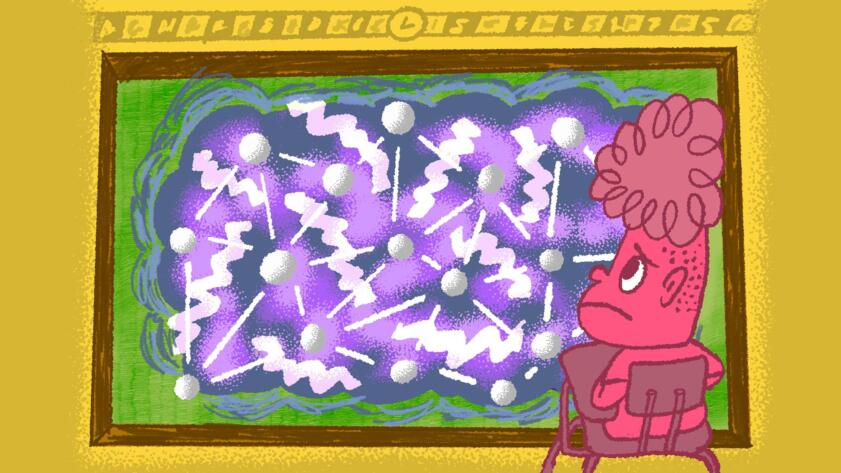 Illustration of a chalkboard obscured by a purple cloud of abstract shapes, including a network of circles; a student is in the foreground looking confused