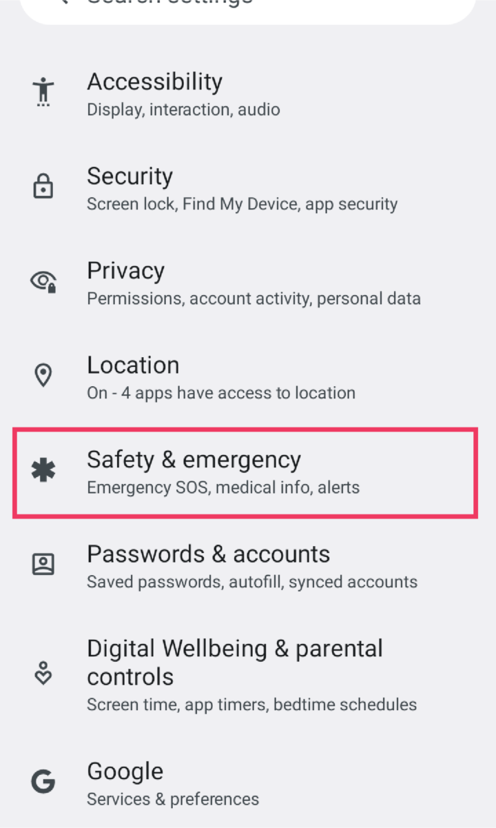 Screenshot of Settings menu showing Safety & emergency option