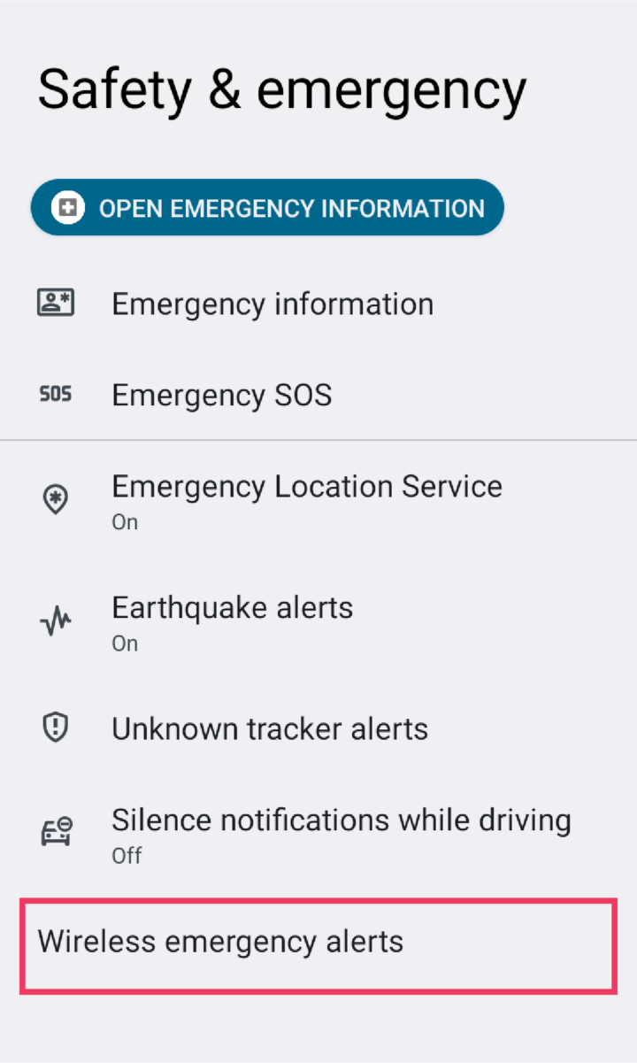 Screenshot of Safety & emergency settings