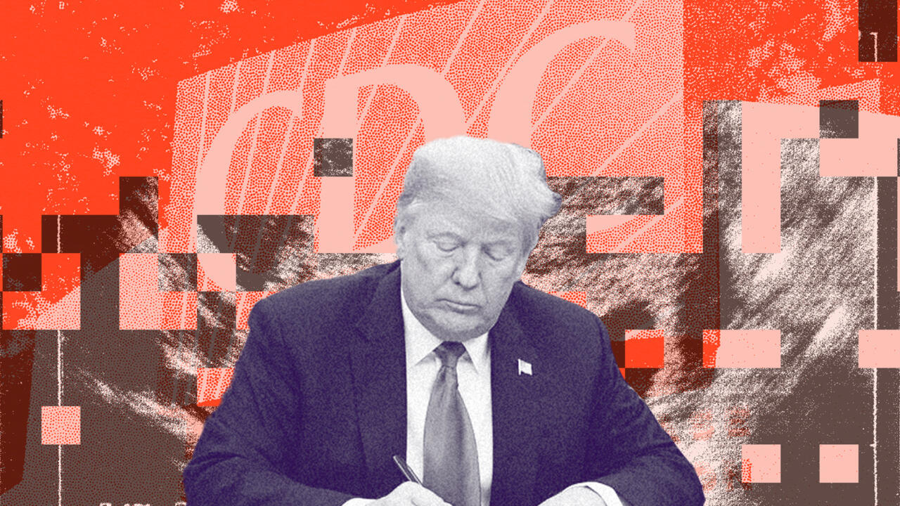 Photo collage of Donald Trump looking down and signing a document; the background shows a pixelated ultrasound placed in front of a duotone image of the CDC building