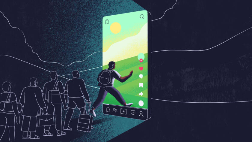 Illustration of a line of Senegalese men standing in front of a brightly lit iPhone; the man at the front is stepping into the phone's vibrant landscape, creating a striking contrast with the darker surroundings