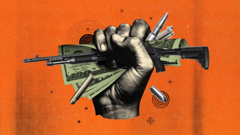 Photo illustration of a raised fist holding up crumpled up one-hundred dollar bills, a rifle and bullets