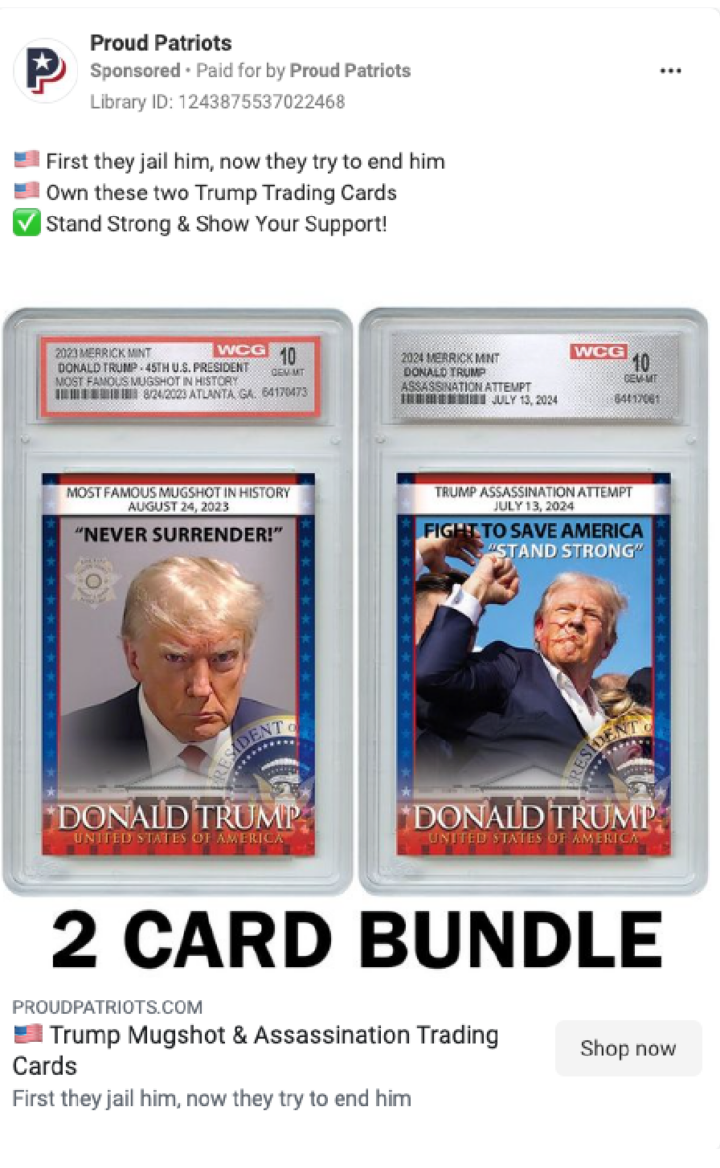 Facebook ad for 2 trading cards showing an image of Trump’s conviction photo and Trumpafter the assassination attempt, respectively