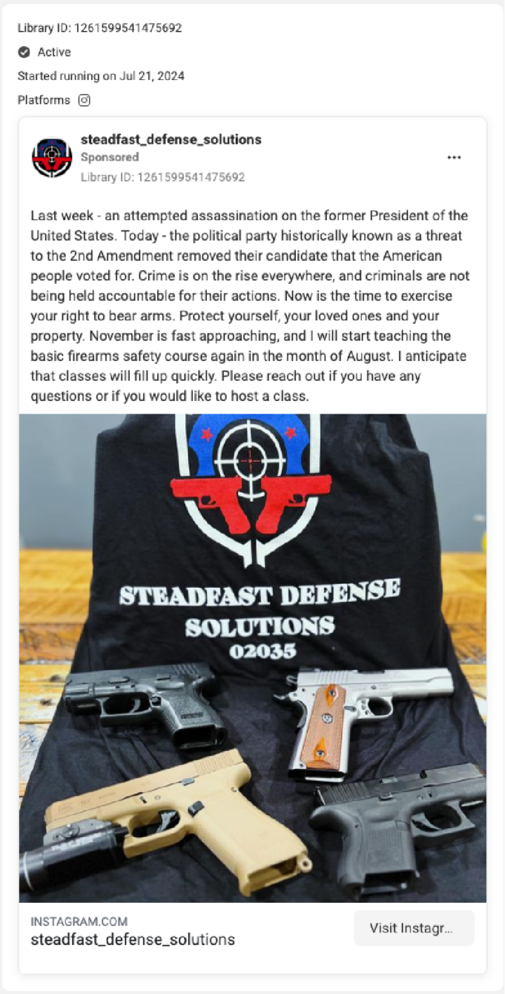 Screenshot of a Facebook ad showing an image of guns laid out over fabric with the logo for Steadfast Defense Solutions; the accompanying advertising text is a call-to-action to exercise the right to bear arms