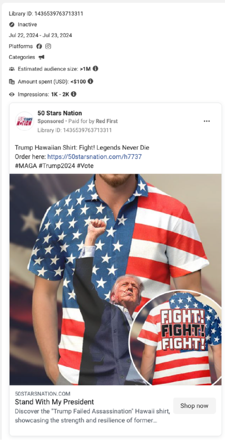 Screenshot of a Facebook ad for a men’s button-up shirt with the image of Donald Trump, fist raised after the assassination attempt, set against a background of the American flag