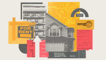 A collage-style illustration in red and yellow hues with various visuals related to housing and rent, including: a house, an apartment building, a Google maps screenshot, a "for rent" sign, a key, a line graph, rent prices, an arrow pointing up and a legal document.