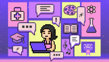 A pixelated 8-bit style illustration in purple, pink and yellow tones that shows a student using a laptop with several icons — a medical bag, a graduation cap, an art color palette and brush, music notes, science testing tubes and a book — around her that represent different careers. Several tex bubbles can also be seen throughout the illustration.