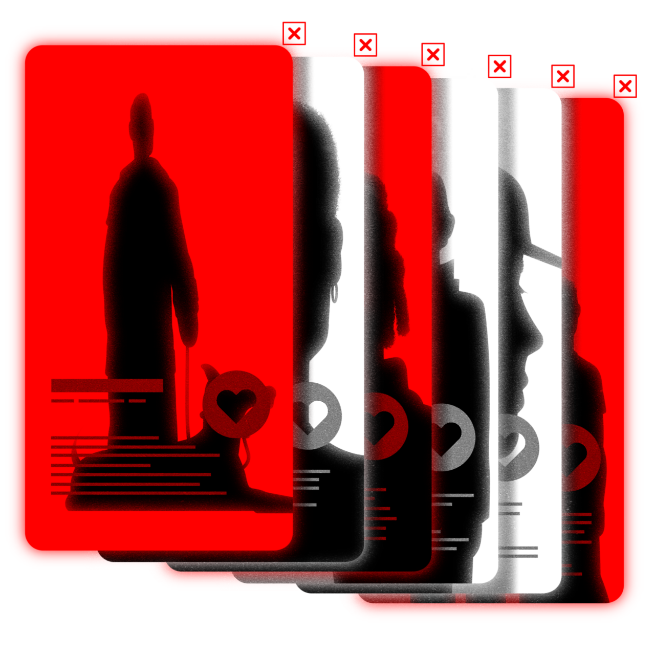 Illustration of an array of red and white dating profiles showing silhouettes of men