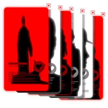 Illustration of an array of red and white dating profiles showing silhouettes of men