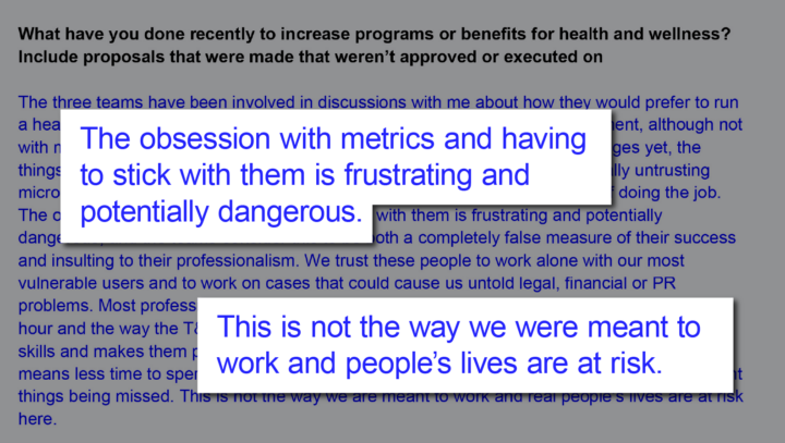 Screenshot of a 2021 document with a Match Group employee’s feedback highlighting the quotes, “The obsession with metrics and having to stick with them is frustrating and potentially dangerous,” and “This is not the way we were meant to work and people’s lives are at risk.”