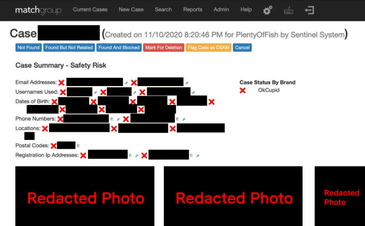 Screenshot of a case in Sentinel that has redacted information including email addresses, usernames, dates of birth, phone numbers, locations, postal codes, and IP addresses