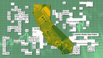 Illustration of an outline of CA showing a golden microchip pattern, set against a background of pixelated blocks that show the text to Assembly Bill 1018