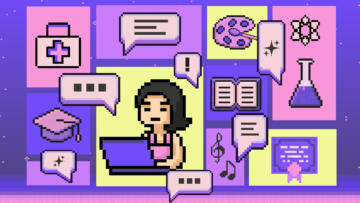 A pixelated 8-bit style illustration in purple, pink and yellow tones that shows a student using a laptop with several icons — a medical bag, a graduation cap, an art color palette and brush, music notes, science testing tubes and a book — around her that represent different careers. Several tex bubbles can also be seen throughout the illustration.