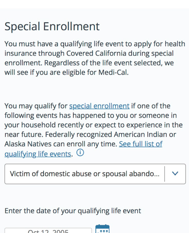 Screenshot of the interface for coveredca.com displaying a respondent’s selection for being a victim of domestic abuse or spousal abandonment