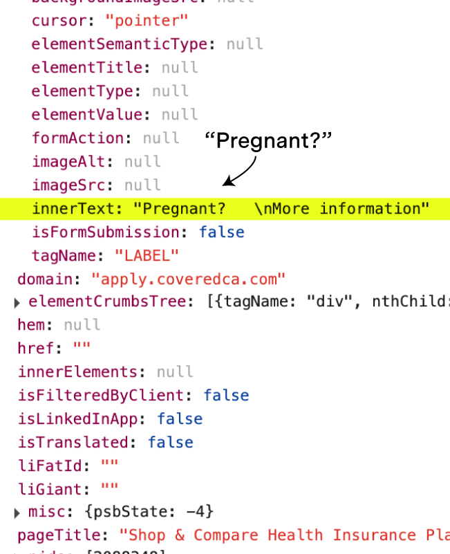 Screenshot highlighting the line of code where coveredca.com shares the respondent’s pregnancy status with LinkedIn