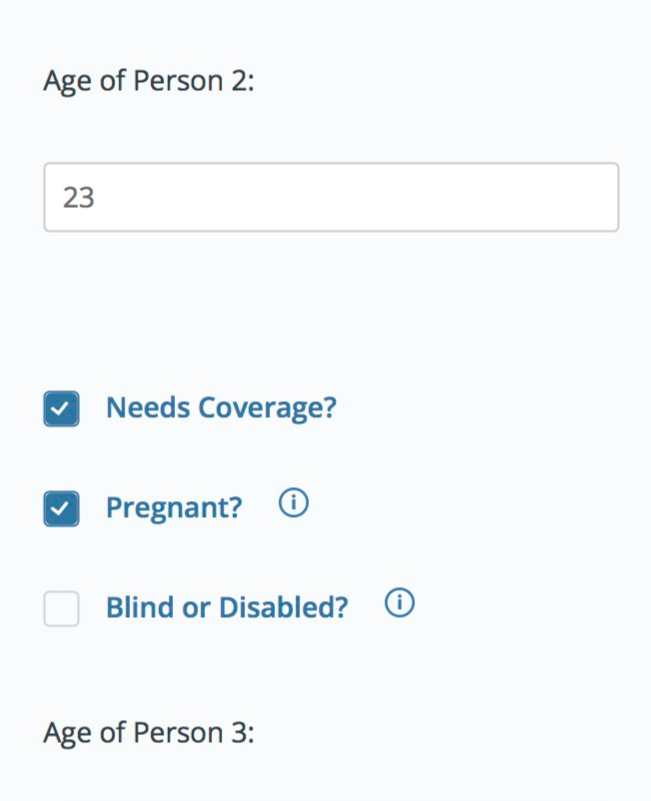 Screenshot of the interface for coveredca.com displaying a respondent’s selection for being pregnant