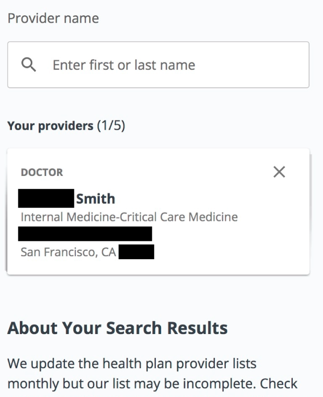 Screenshot of the interface for coveredca.com displaying a medical provider with their redacted first name and address