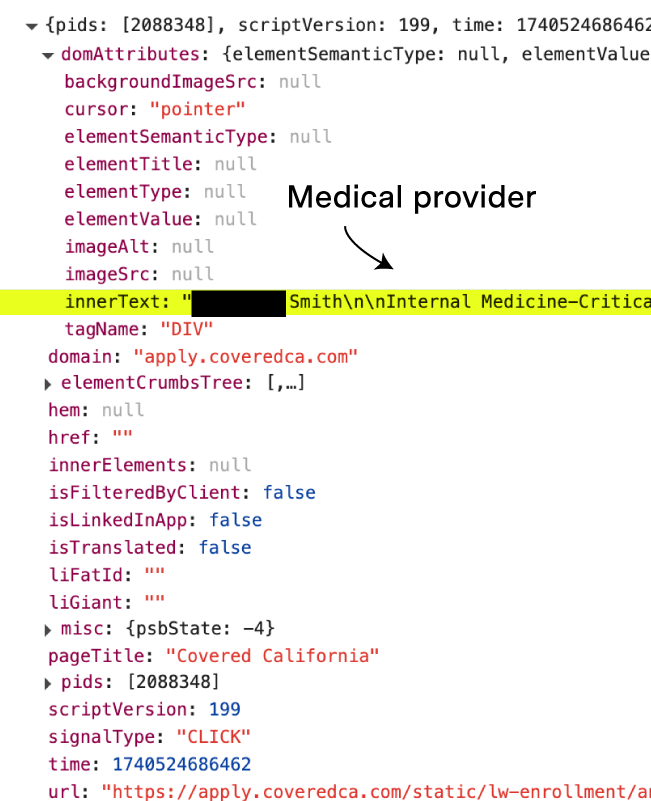 Screenshot highlighting the line of code where coveredca.com shares the respondent’s medical provider with LinkedIn