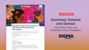Graphic of a screenshot of The Markup's story "Demoted, Deleted and Denied: There's More Than Just Shadowbanning on Instagram" next to the text "2025 SHORTLIST," the headline of the story, and the Sigma Awards Logo