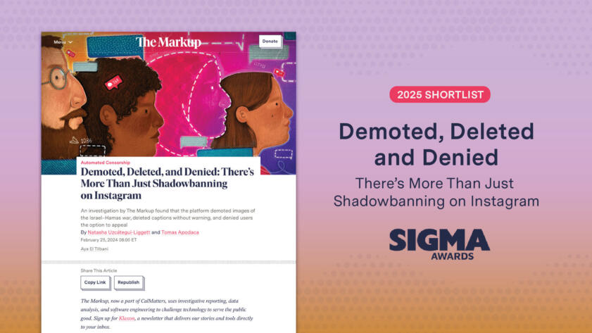 Graphic of a screenshot of The Markup's story "Demoted, Deleted and Denied: There's More Than Just Shadowbanning on Instagram" next to the text "2025 SHORTLIST," the headline of the story, and the Sigma Awards Logo