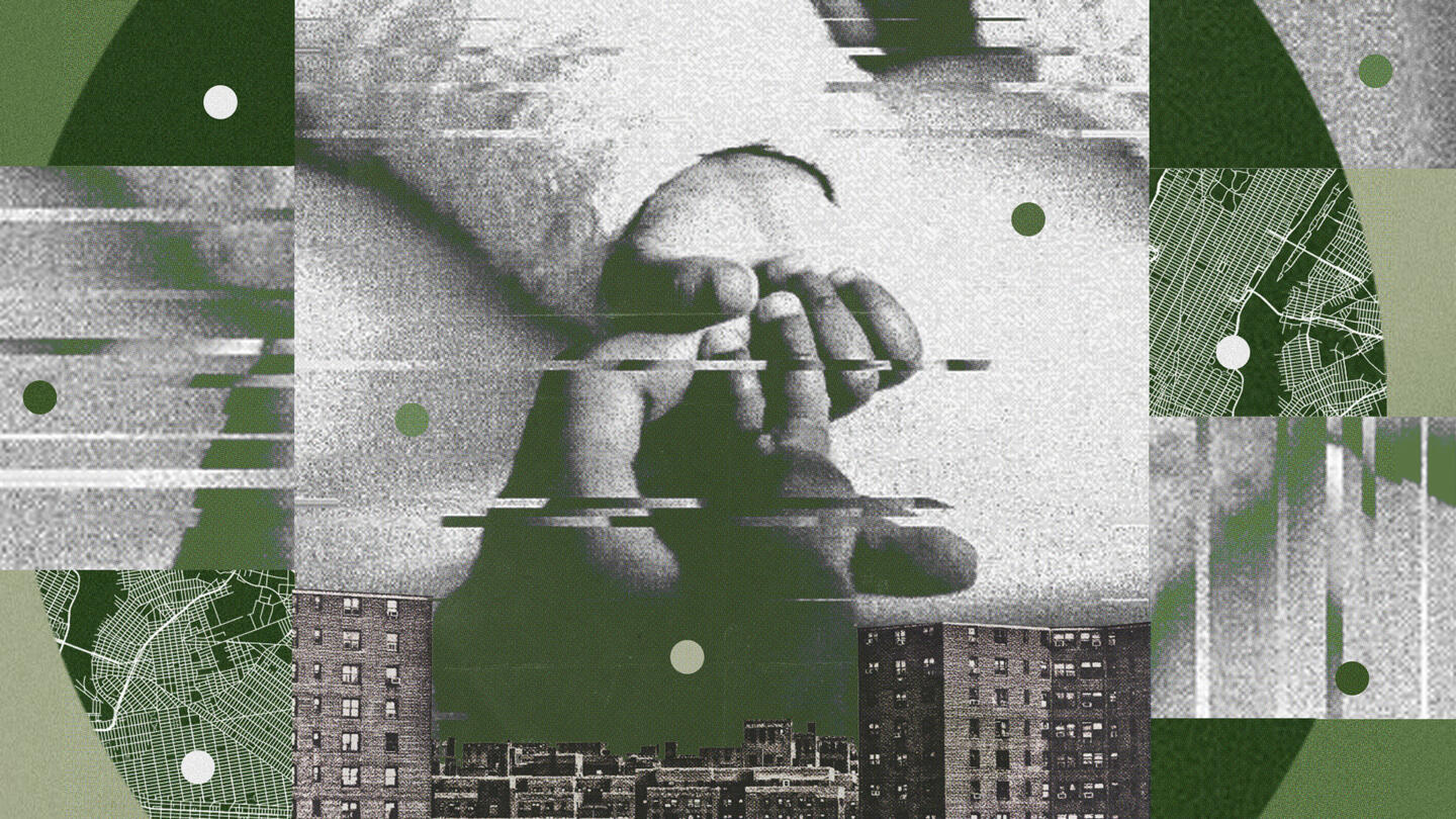 A collage-style illustration in green and gray tones with several images and textures on it, including: an image shows a mom's hand holding a baby's hand, apartment buildings and portions of a city grid line map.